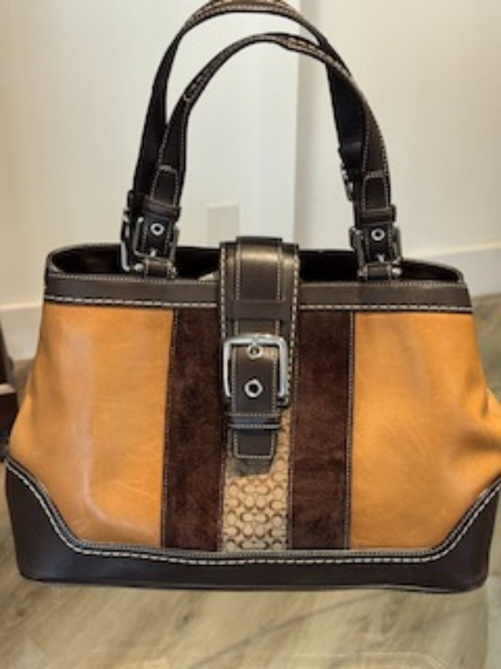 AUTHENTIC COACH LEATHER & SUEDE SATCHEL BAG CAMEL / BROWNE
